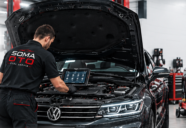 Soma Oto Özel Servis teknisyeni periyodik bakım kontrolü yapıyor